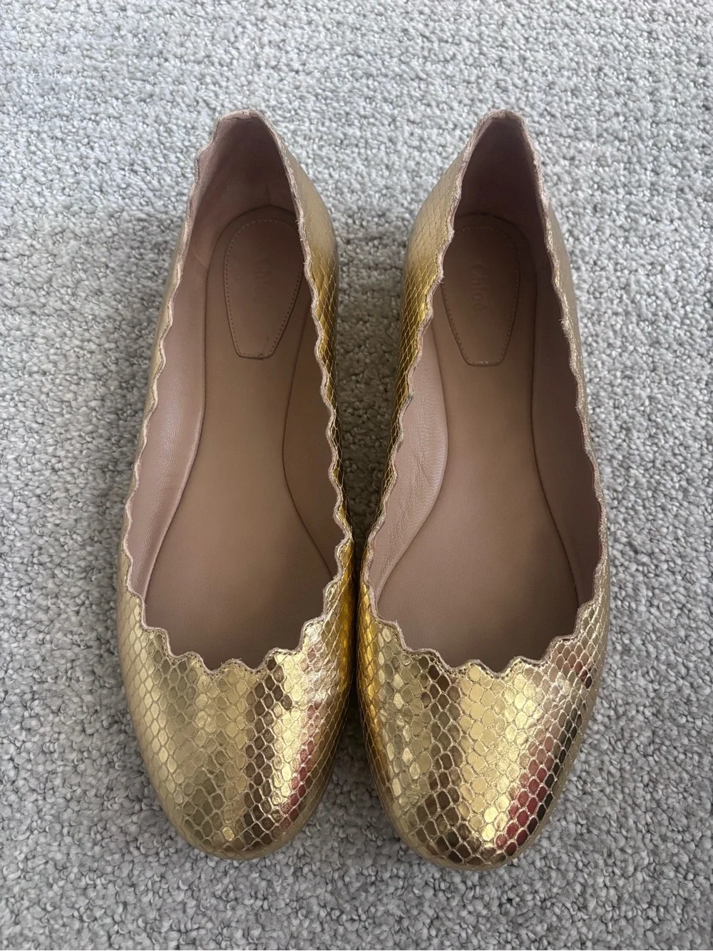 CHLOE Gold Scalloped Snake-Embossed Women’s Ballet Flats